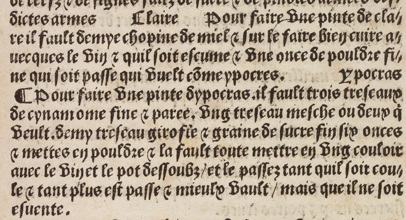 Facsimilé des recettes de l'hypocras et du clairé du Viandier de Taillevent de 1486 (Bibliothèque Nationale)